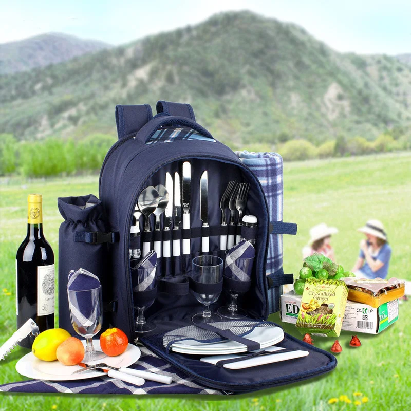 Picnic Bag with Tableware and Camping Rug Outdoor Portable Thermal Insulation Storage Camping Double Shoulder Picnic Backpack