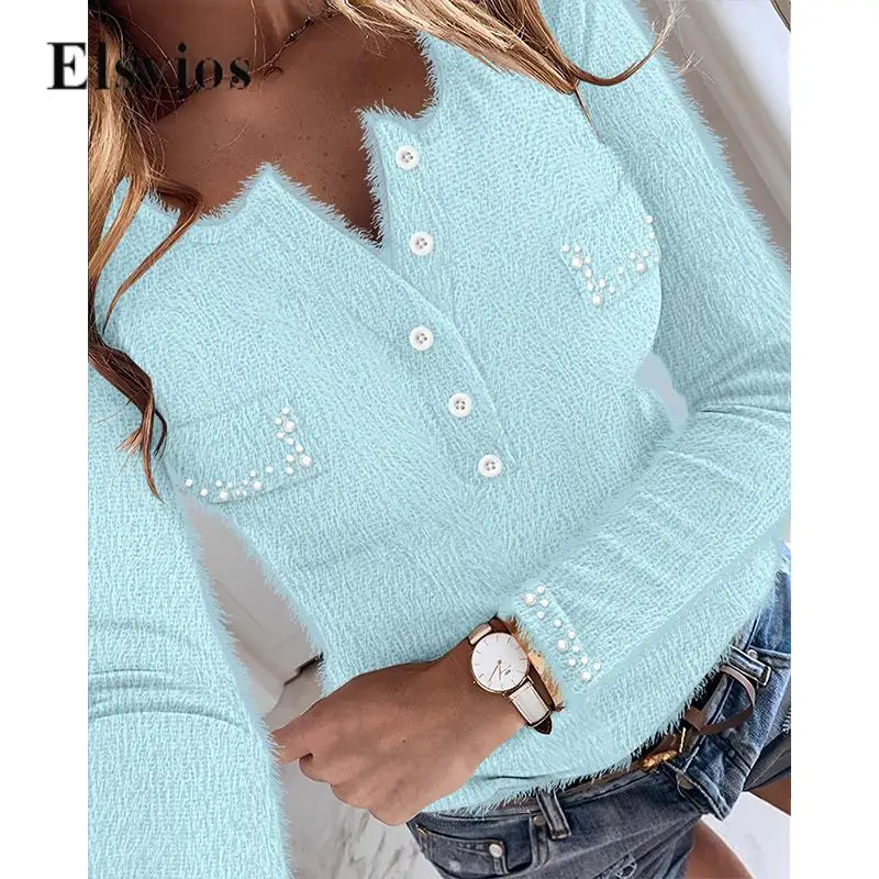 

Casual Fashion Long Sleeve Shirt Elegant Button V-neck Beaded Blouse Plush Soft Solid Slim Fit Women's Tops Pullover Streetwear