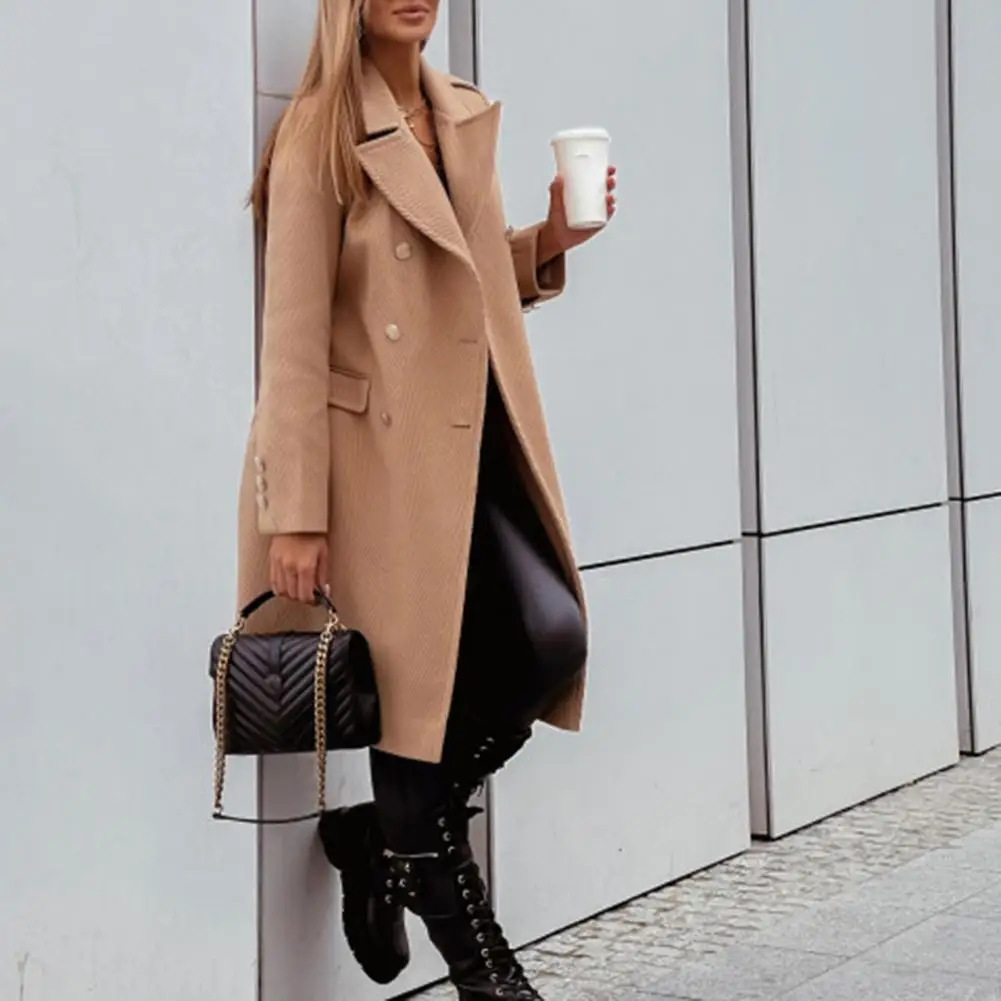 

Женское двубортное пальто до середины икры, стильное осенне-зимнее пальто с вырезом на шее