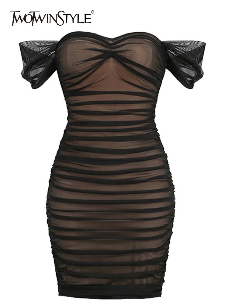 

TWOTWINSTYLE Solid Slimming Sexy Strapless Dresses For Women Slash Neck Sleeveless High Waist Patchwork Folds Dress Female 2023