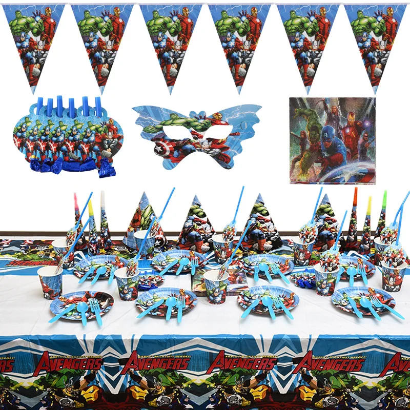 

Disney The Avengers Set Iron Man Spiderman Birthday Party Decorations Disposable Tableware Foil Balloon Supplies Plate Napkins