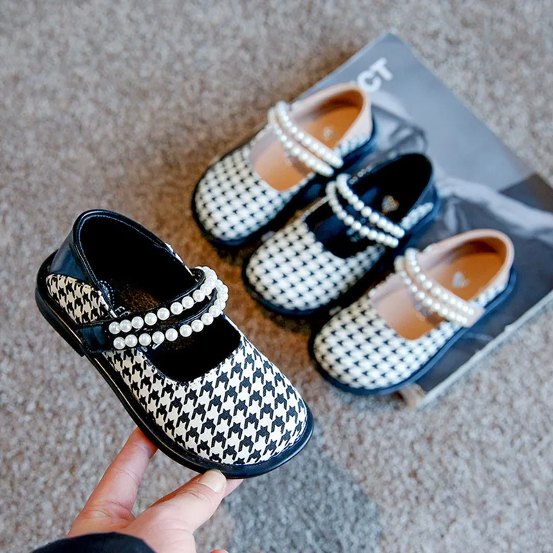 

Kids Girls Houndstooth Shoes 2022 Fashion Spring Girls Pearls Shoes Children Flat Casual Princess Dress Mary Janes for Party