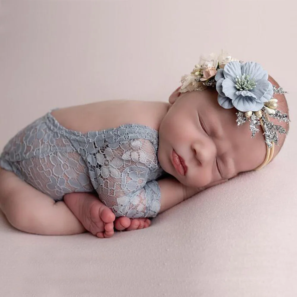

Newborn Costume Photography Clothes Girls Outfits Lace Flower Headband Open Back Triangle Romper New Born Photo Accessories