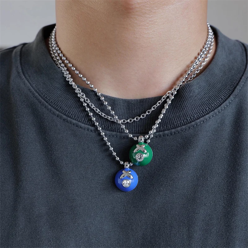 

American Sports Niche Color Drop Gel Zircon Ball Pendant Necklace Men's Simple Hip-Hop Fashion Charm Trendy Brand Accessories