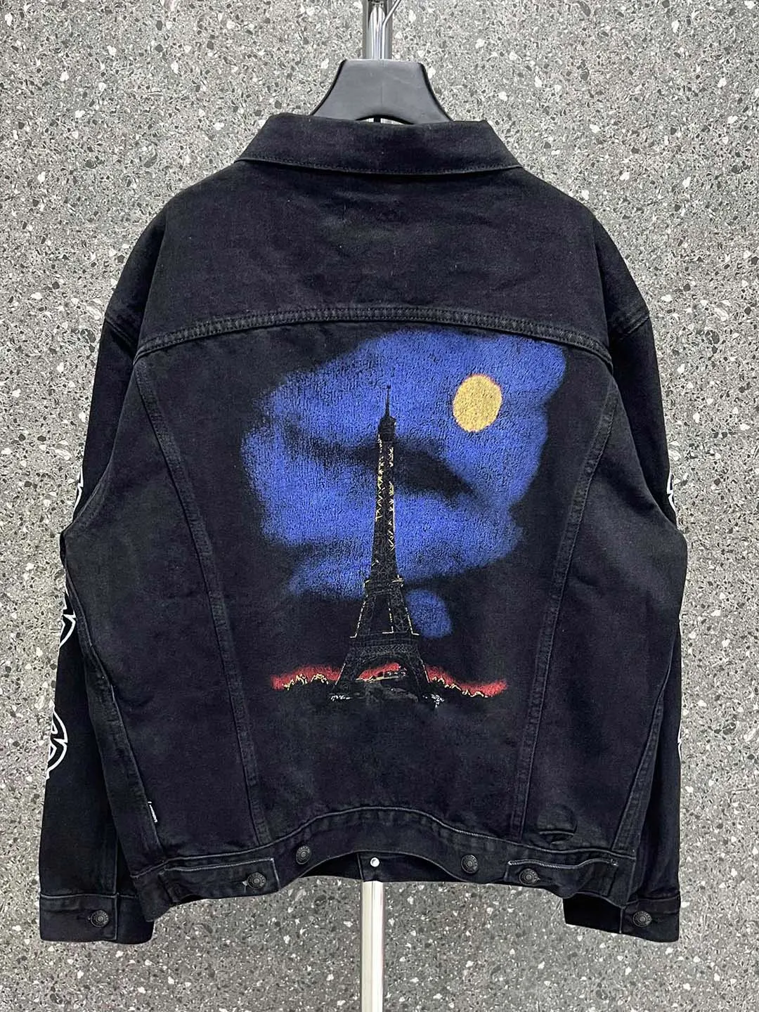 

BEST VERSION PARIS MOON Denim Jacket Men Women OVERSIZED IN BLACK FADED VINTAGE Tower Print Jacket Men