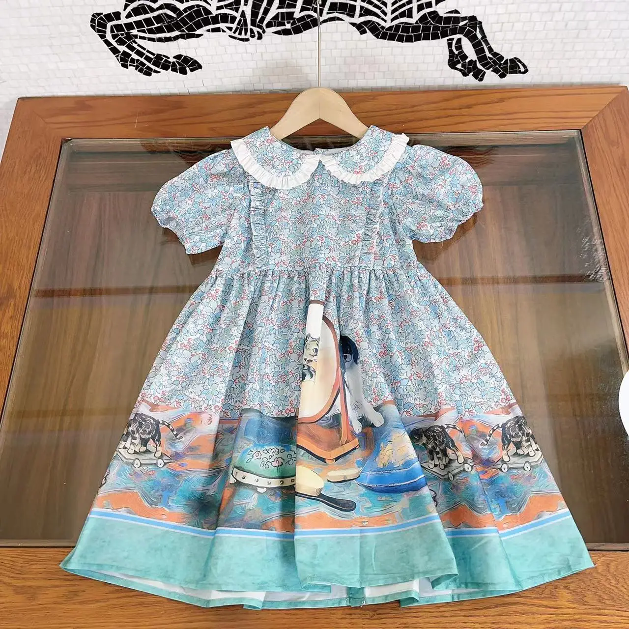 

JICUSYAN Blue Dress High-end Children Clothing 2023 Summer New Girl Princess Short Sleeve A-line Vintage Flowers Animal Print