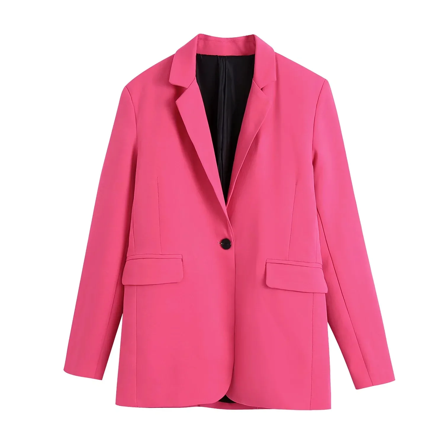 

Women Fashion Office Wear Basic Magenta Blazer Coat Vintage Solid One Button Pockets Female Outerwear Chic Tops Clothing