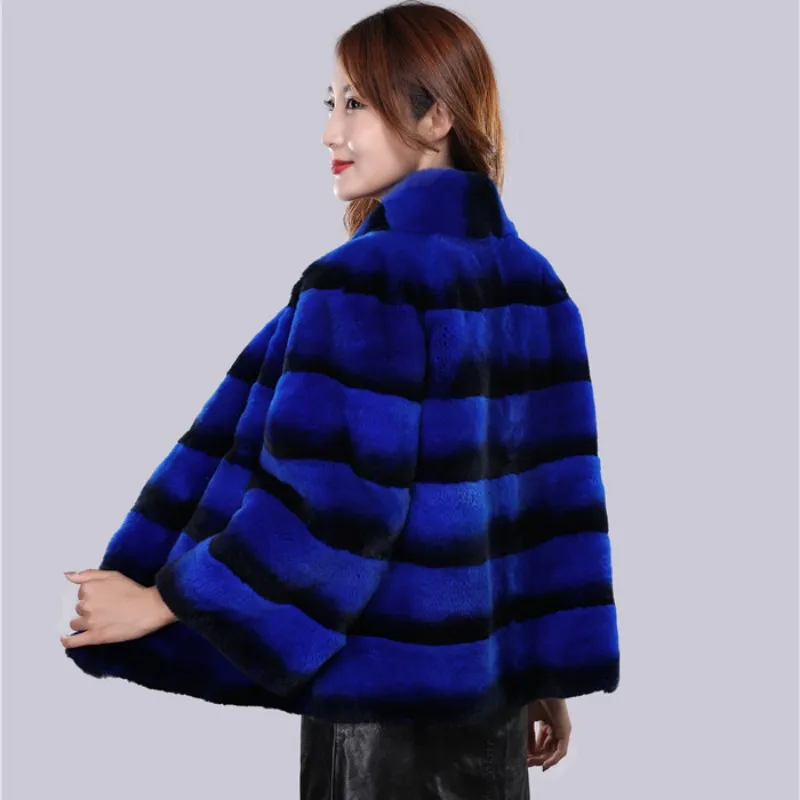 abrigos mujer invierno 2023 natural chinchilla Rex Rabbit fur coat jacket short overcoat stand collar striped outerwear coats