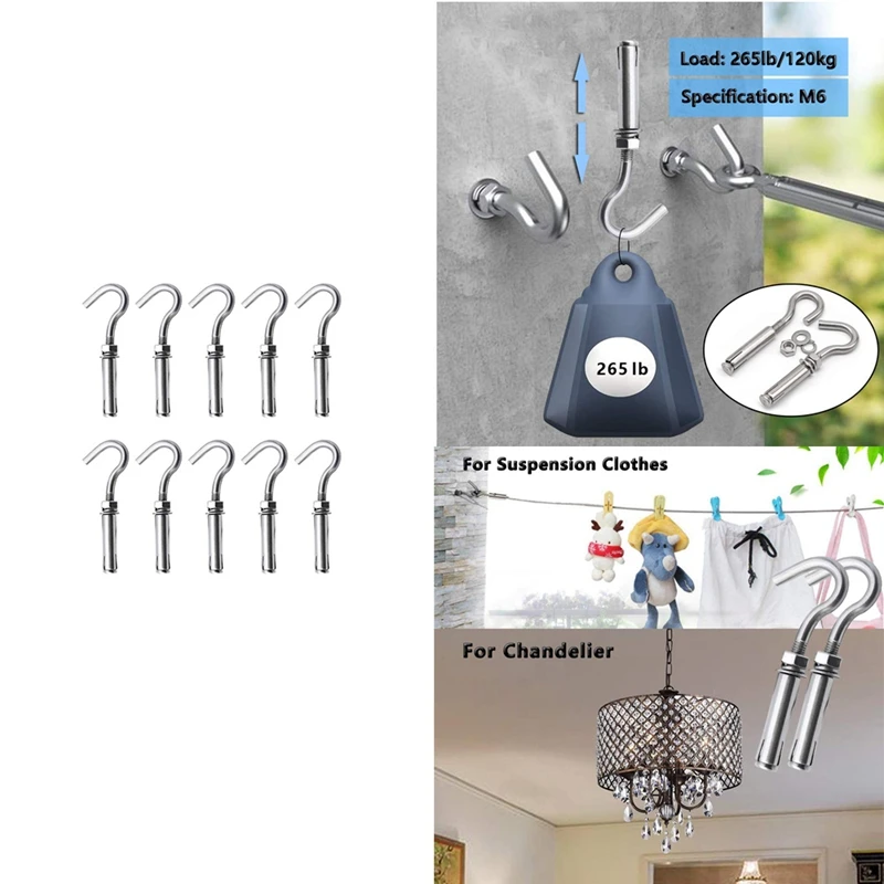 

10PCS Concrete Wall Hook, 304 Stainless Steel Expansion Hook Concrete Hook Open Cup Hook Expansion Bolts For Wall