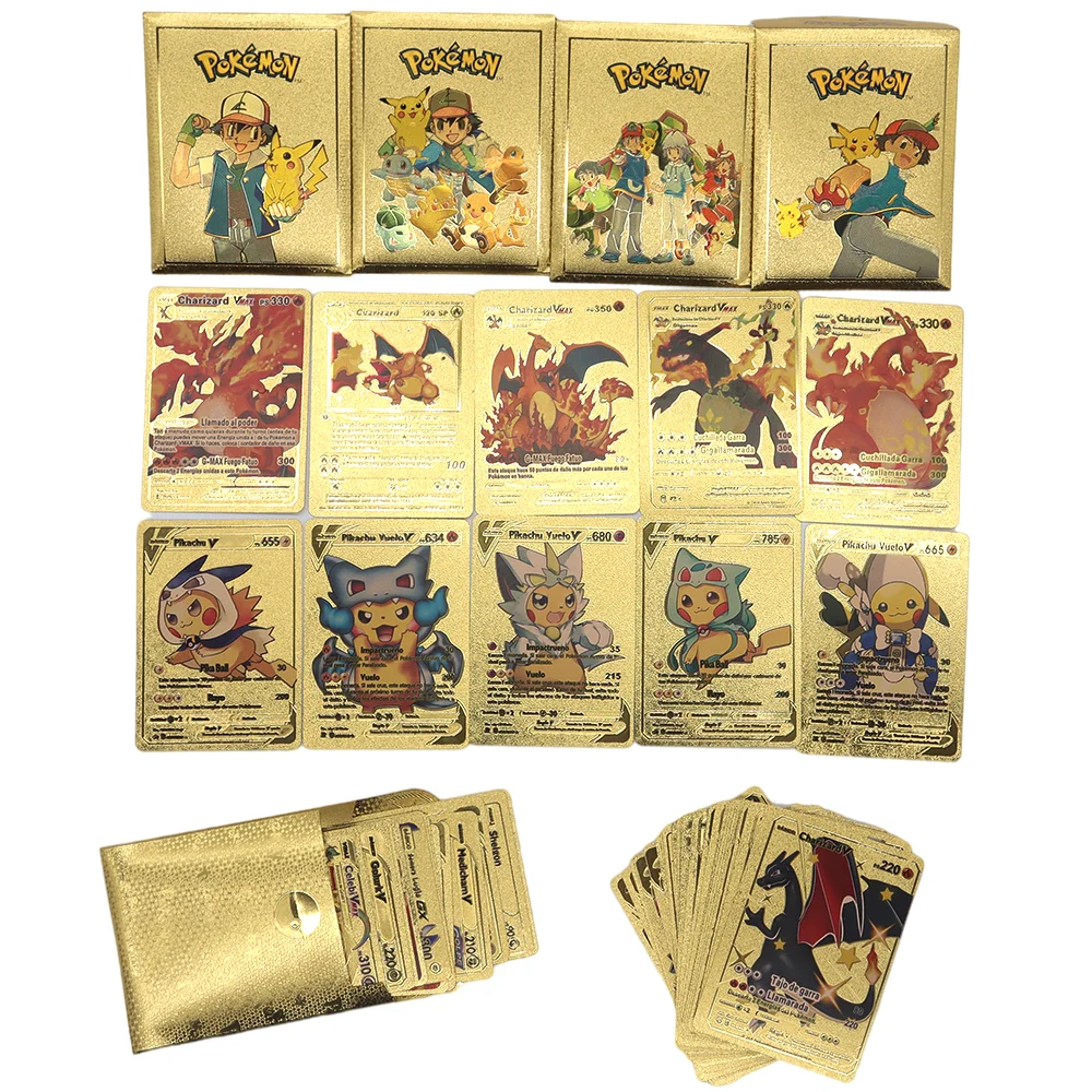 

150 шт. карты Pokemon Metal Gold Spanish Vmax GX Energy Charizard Pikachu редкая коллекция боевой тренажер карточная коробка имитация металла