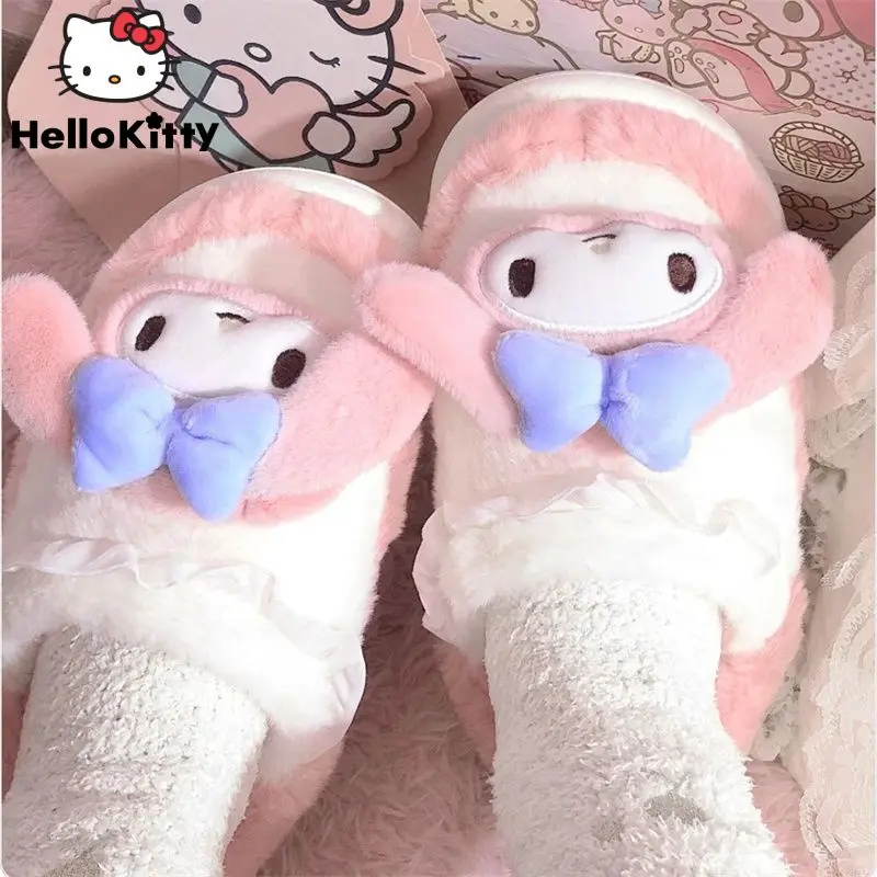 

Sanrio Y2k Melody Cinnamoroll Kawaii Slippers For Women Thicken Cotton Plush Cotton Cartoon Girls Winter Warm Trend Home Shoes