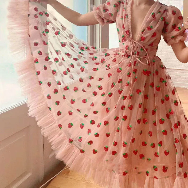 

Strawberry Dress Women Kawaii Embroidery Deep V Puff Sleeve Sweet Voile Mesh Sequins Embroidery French Party Dresses 4XL 5XL