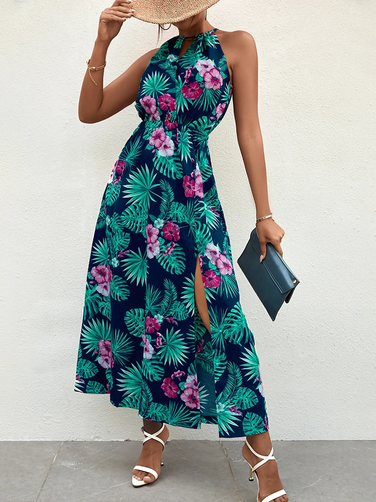 

Женское летнее платье макси с цветочным принтом, Элегантное Длинное платье без рукавов с лямкой на шее, модное праздничное платье с разрезо...