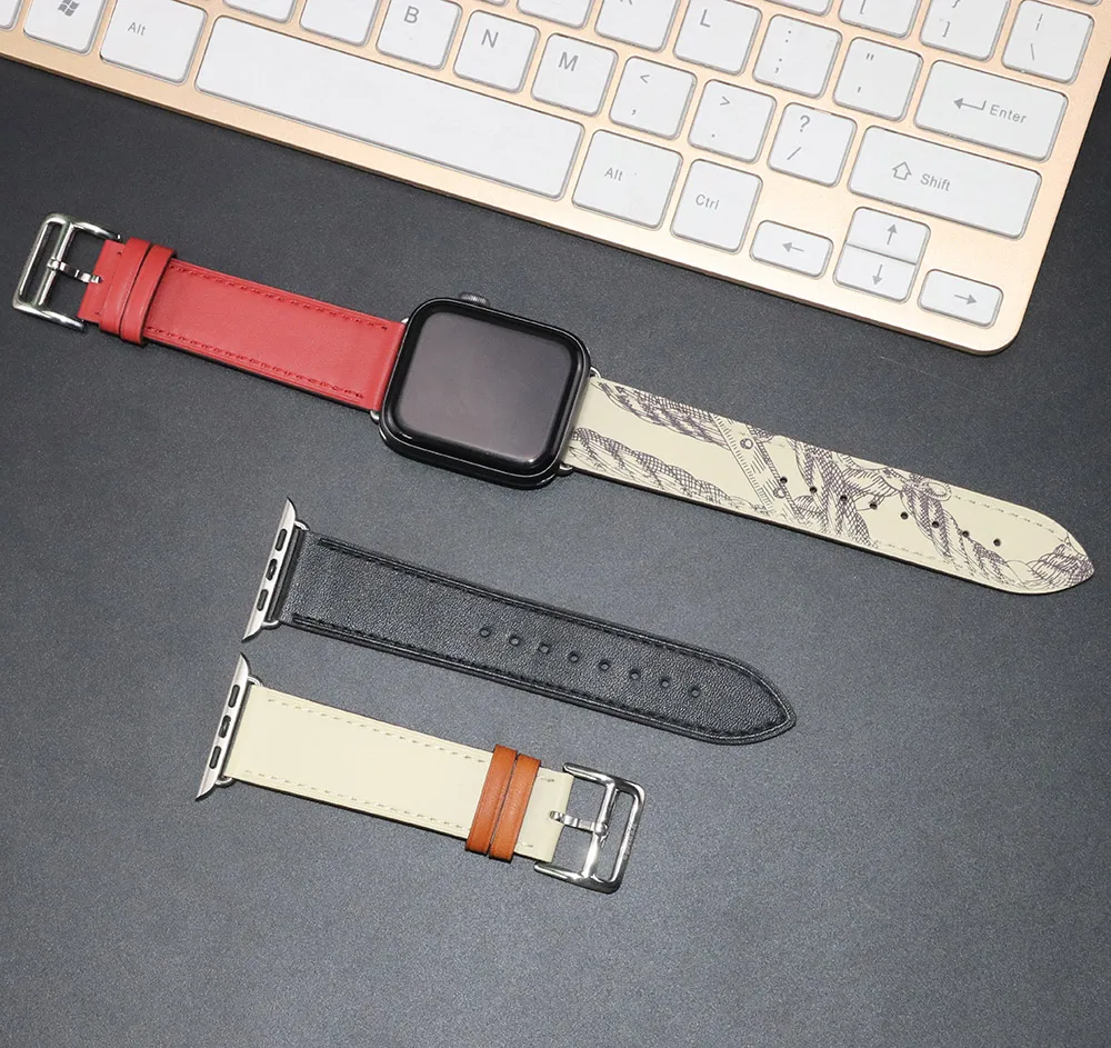 Genuine Leather With Logo Band For Apple Watch Series 8 7 Bracelet Leather Loop Strap For iWatch Ultra 49mm 40mm 44mm 41mm 45mm