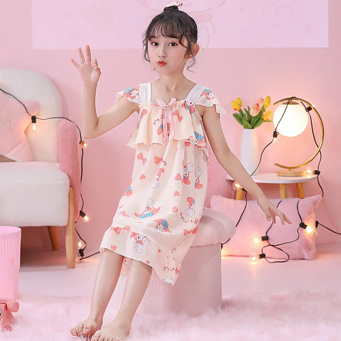 

Sanrioed Summer Girls' Nightdress Cartoon My Melody Kuromi Cinnamoroll Kawaii Children Suspender Pajama Skirt Home Clothes