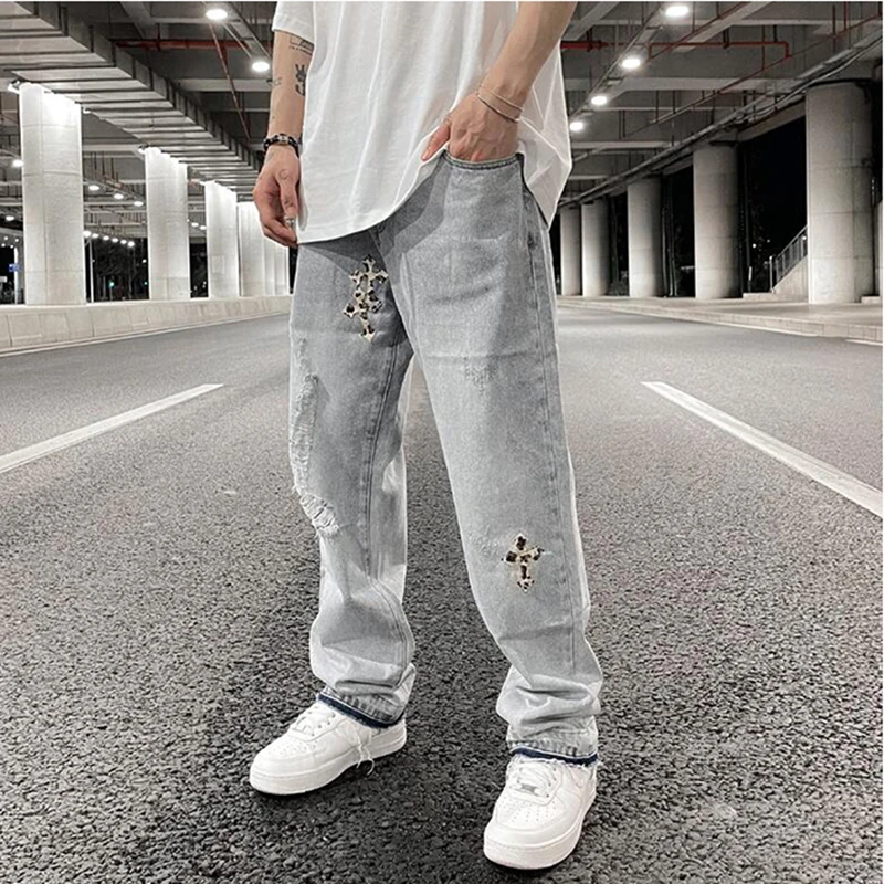 Mens High Street Casual Washed Straight Oversize Jeans Pants 2022 New Unisex Ripped Retro Hole Cross Embroidery Denim Trousers