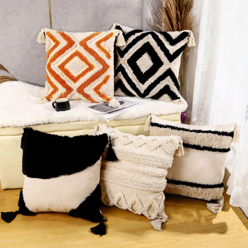 

Nordic ins style Moroccan tufted pillowcase homestay light luxury embroidered cushion detachable and washable tassel home