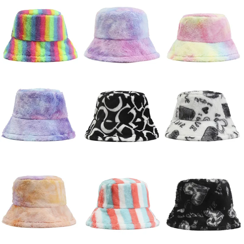 

Ins Plush Bucket Hat Autumn and Winter New Rainbow Letter Love Pattern Men's Cap Printing Thickened Warm Women's Hats for 2022