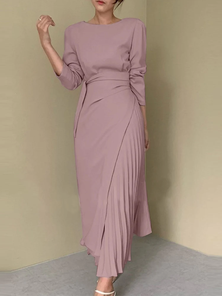 

Элегантные женские плиссированные платья ZANZEA, модное офисное платье с длинным рукавом, Осеннее однотонное длинное платье на шнуровке, женский сарафан