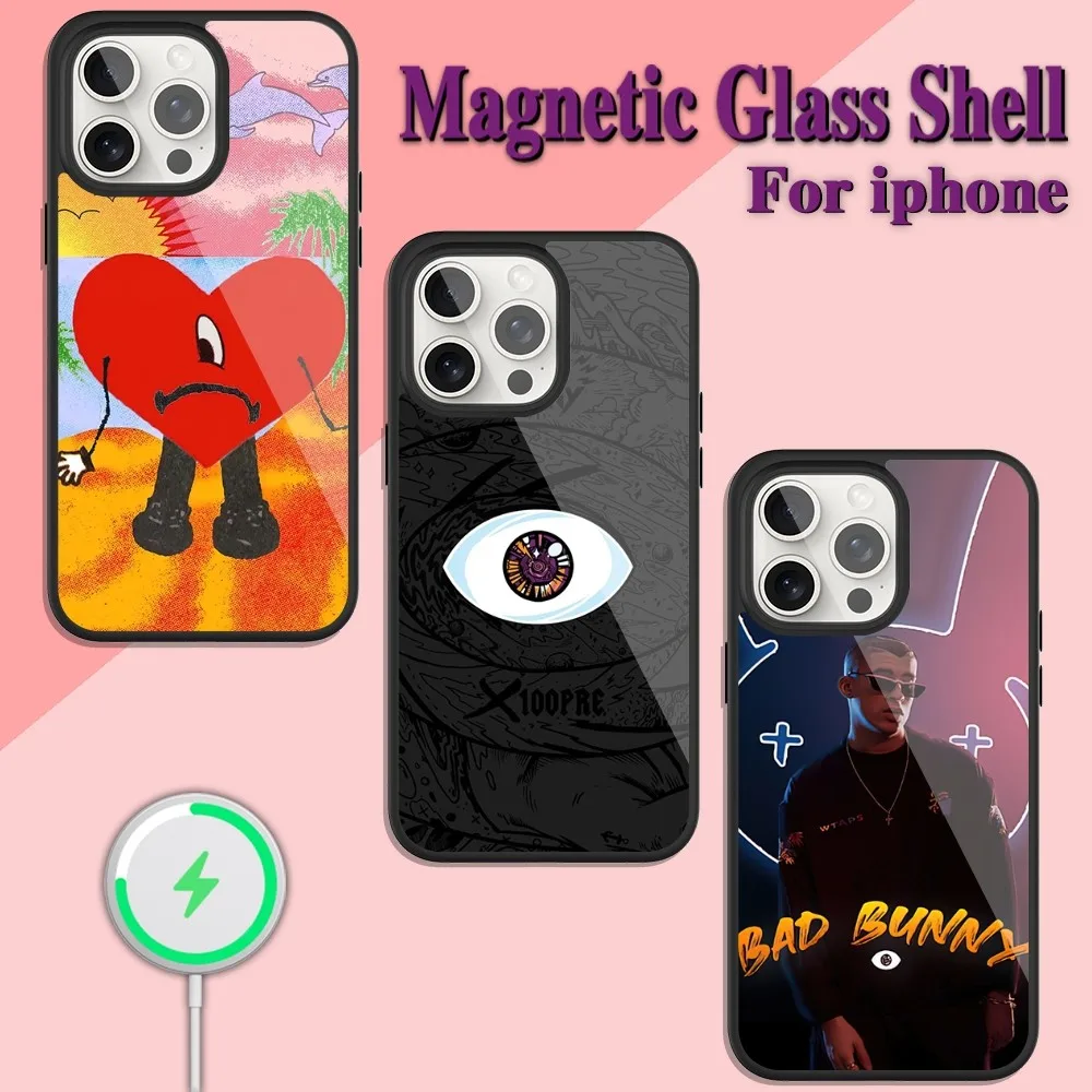 Чехол для телефона Rapper B-Bad B-Bunny зарядки iPhone 13 14 15 11 12 Pro Max Plus стеклянный Магнитный