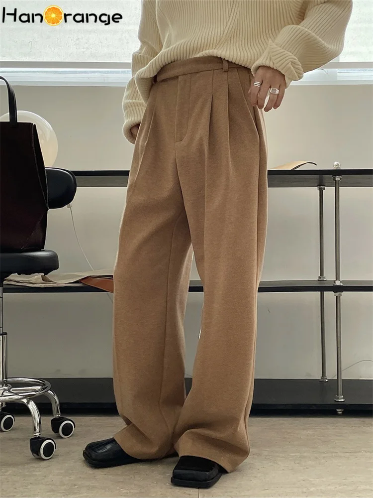 HanOrange 2022 Autumn Winter Simple Profile Temperament Wool Twill Straight Pants Women Loose Thickened Soft Trousers Female