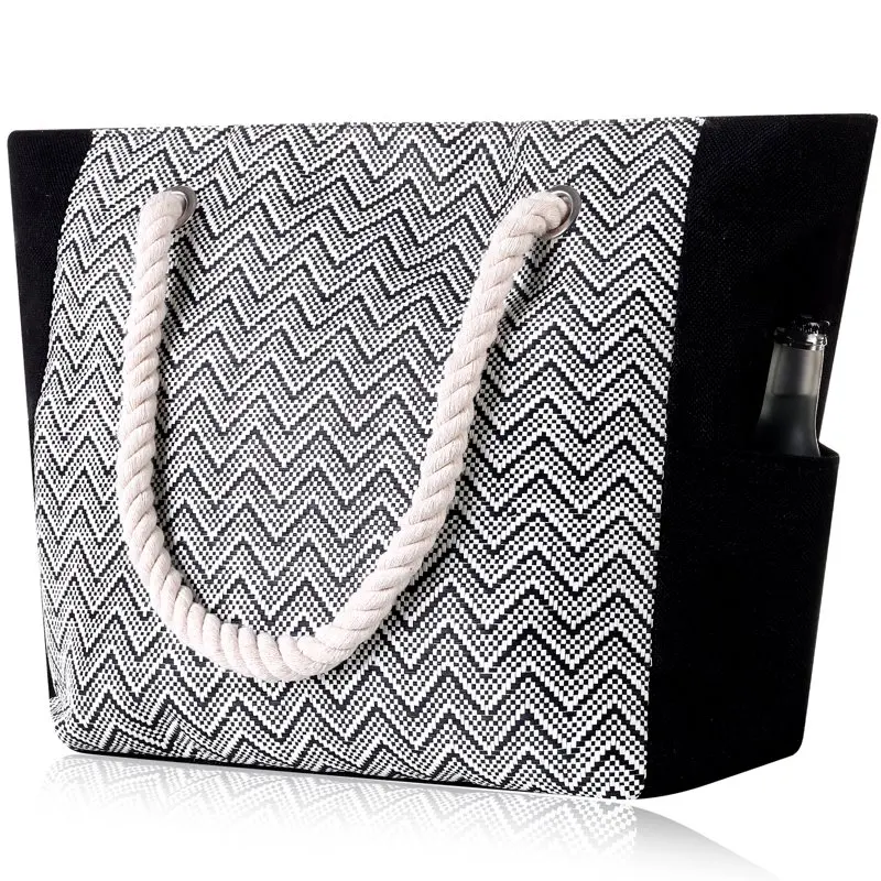 Large Capacity Beach Bags for Women Durable Waterproof Canvas Beach Tote Shoulder Bags Vintage Striped Woven Handbag With Zipper