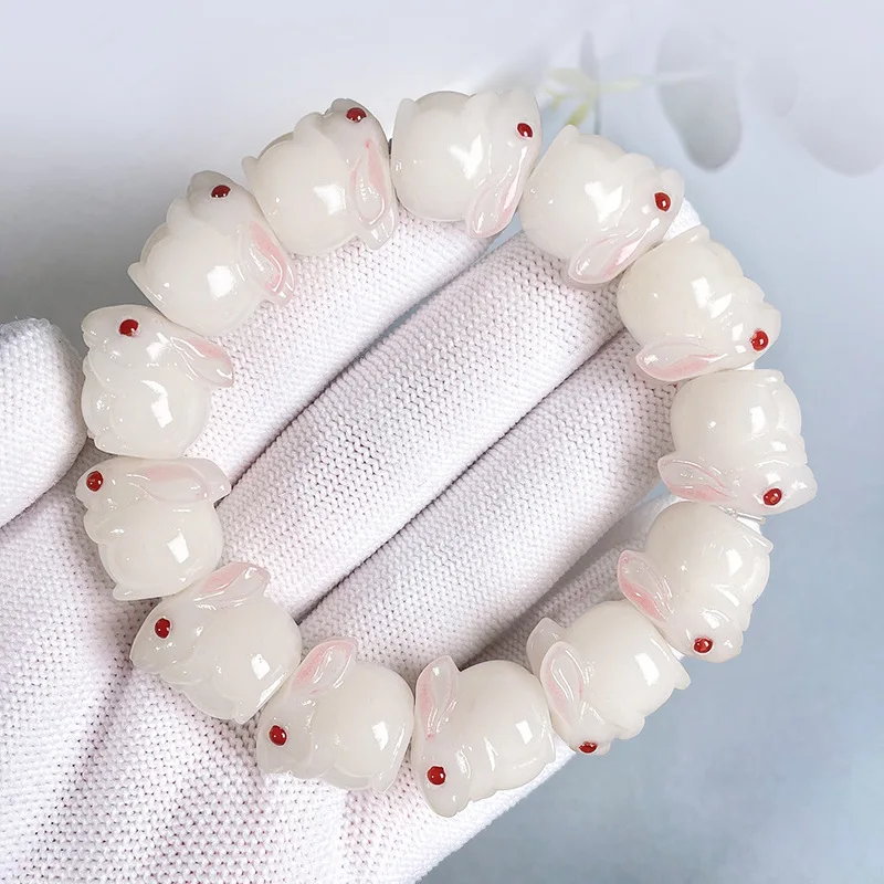 

Natural White Jade Bodhi Root Carved Jade Rabbit Hand String Exquisite and Cute Accessories for Male and Female Barley Ornaments