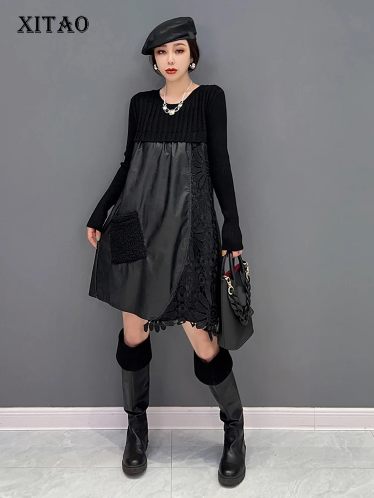 XITAO Women Solid Patchwork Dress Korea 2022 Winter New Arrival Personality Fashion Loose O-neck Full Sleeve Dress FBB1243