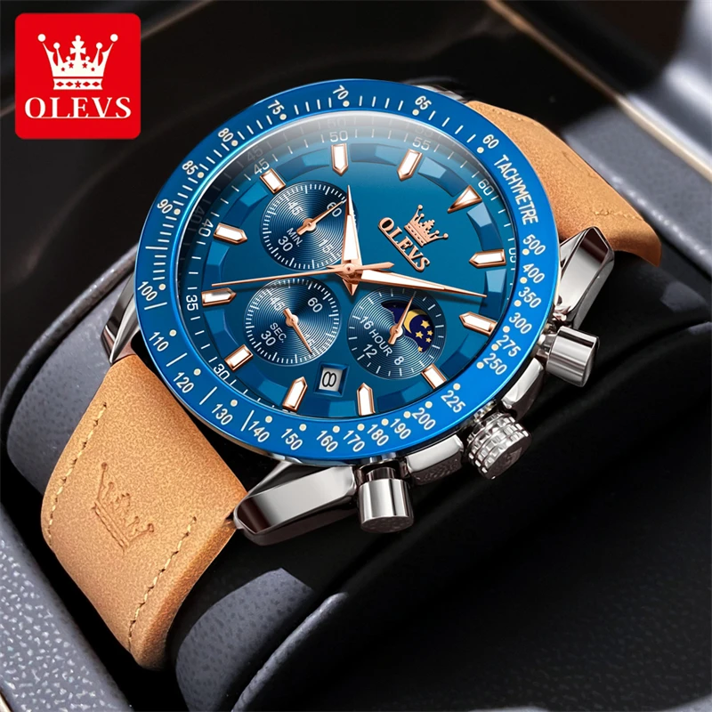 

OLEVS 9957 Genuine Leather Strap Chronograph Watch For Men Sport Multi-function Fashion Three Eyes Dial Timer Waterproof Watches