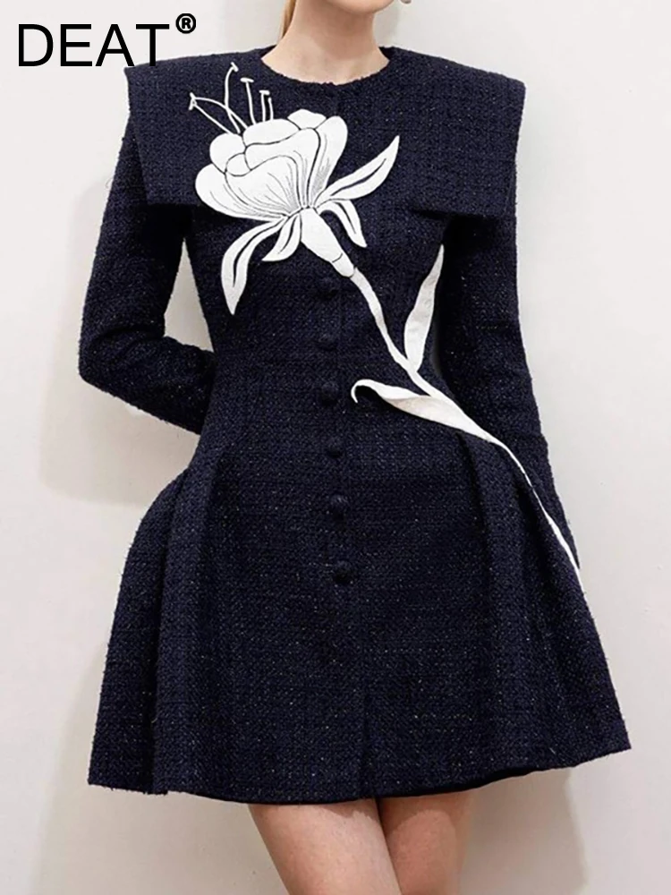 

Женское вечернее платье [DEAT], черное платье с воротником-шалью и длинным рукавом, с принтом, на молнии, с поясом, на весну 2023, новинка 13DB1361