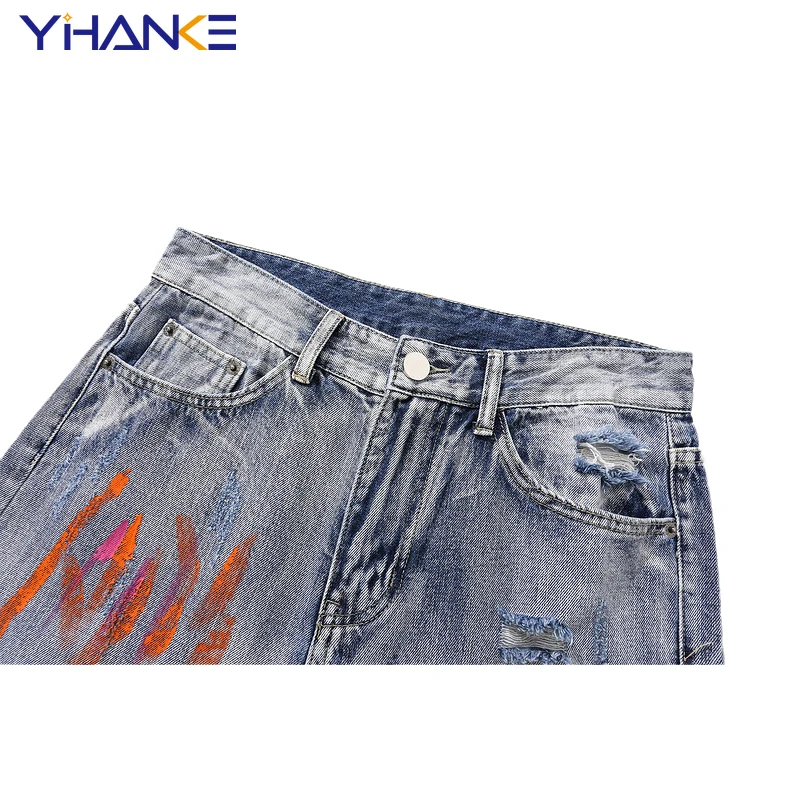 European and American High Street Tide Brand Ripped Jeans Men's Hip-hop Slim Small Feet Graffiti Ins National Tide Long Pants