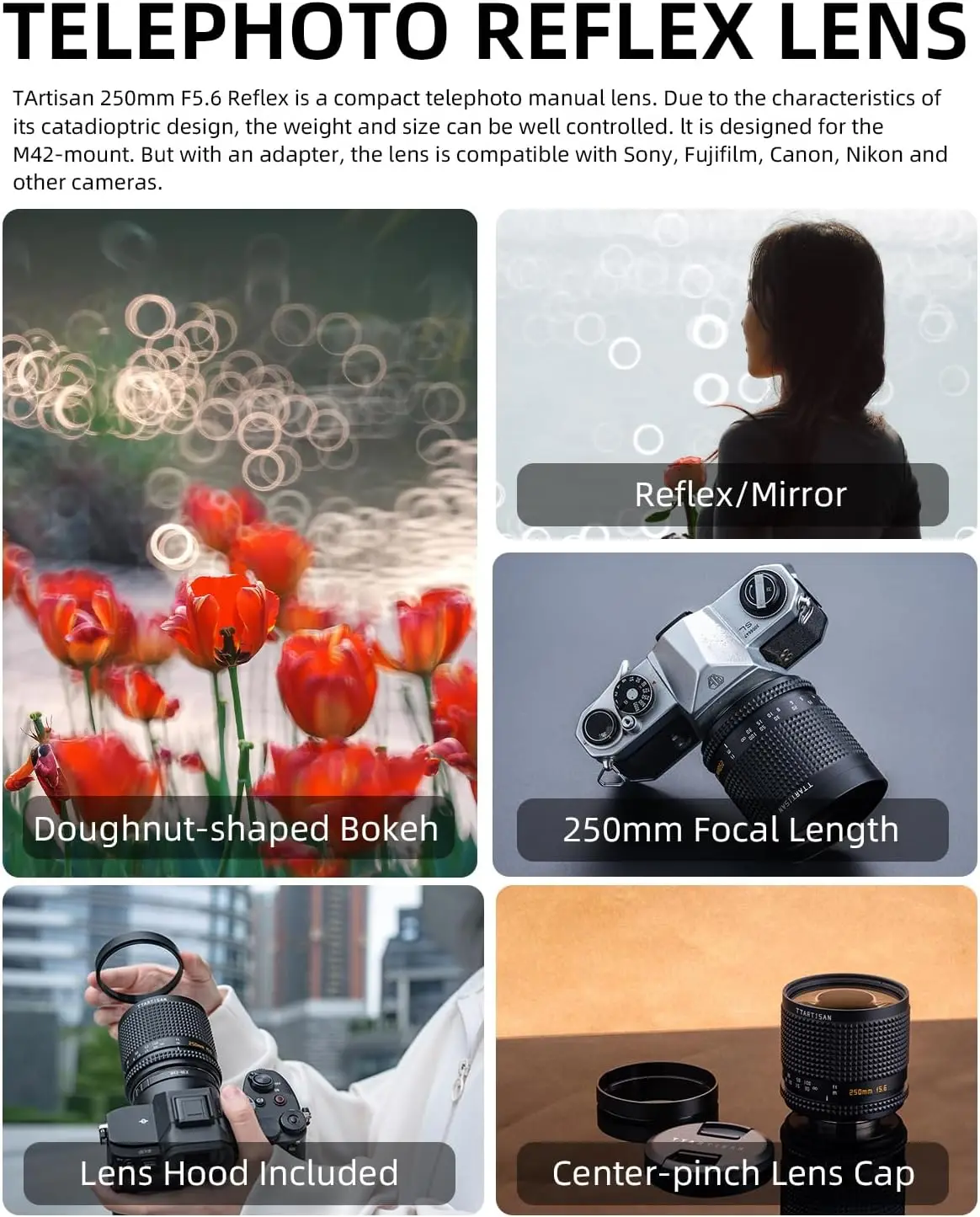 Полнокадровый рефлекторный объектив TTArtisan 250 мм F5.6 M42 совместимый с Sony A7C2 Fuji X-A10 Nikon