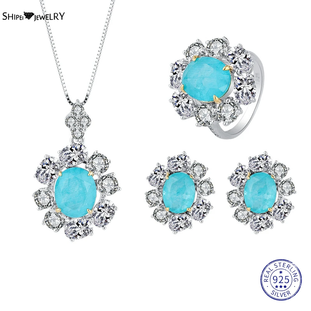 

Shipei 100% 925 Sterling Silver Created Moissanite Paraiba Tourmaline Gemstone Earrings/Pendant/Necklace/Ring Jewelry Set Gifts