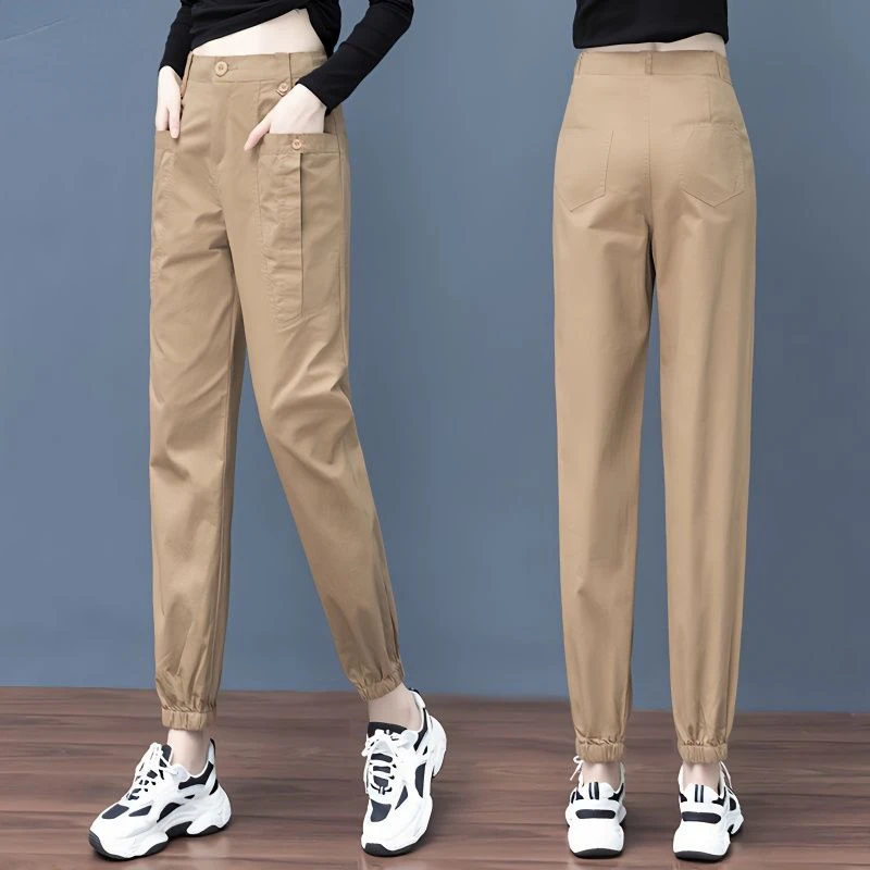Office Lady Solid Color All-match Harem Pants Spring Summer Pockets High Waist Streetwear Casual Woman Straight Trousers Q597