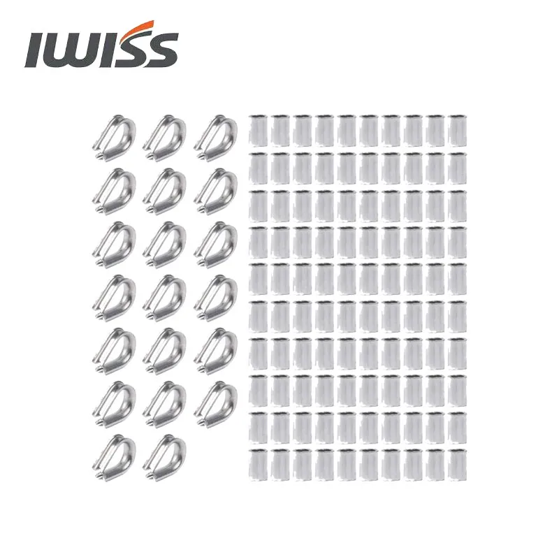 IWISS 100 pcs 1/8-inch Aluminum Wire Rope Sleeves Clips Cable Crimps +20 pcs M3 Stainless Steel Thimble Rigging