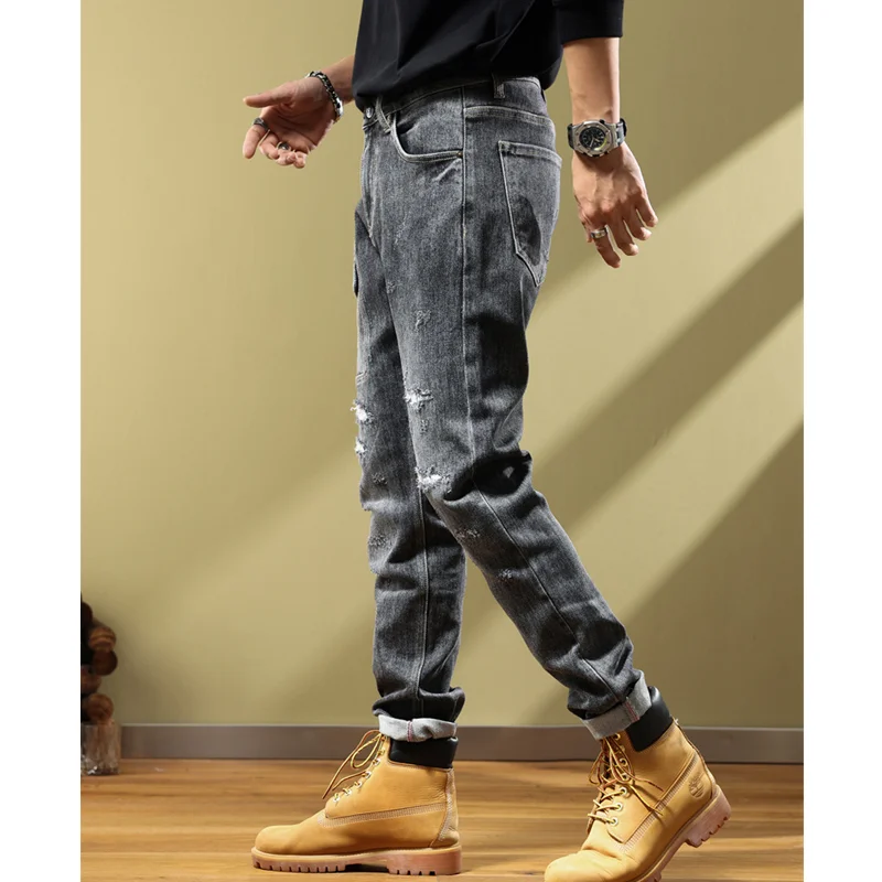 Men Clothing 2022 Autumn and Winter New Pattern Self-cultivation Elastic Force Black Grey Pencil Pants Recreational Jeans Female