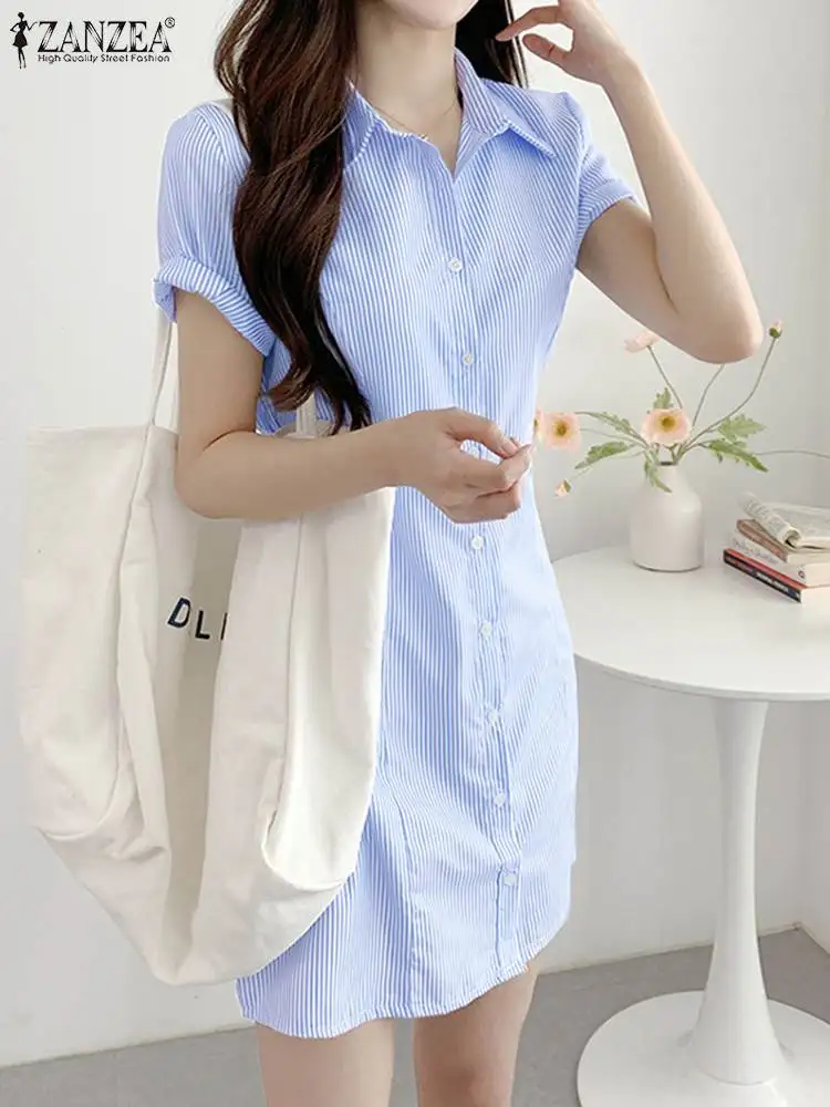 Платье ZANZEA женское в полоску модный Повседневный Сарафан с отложным воротником и