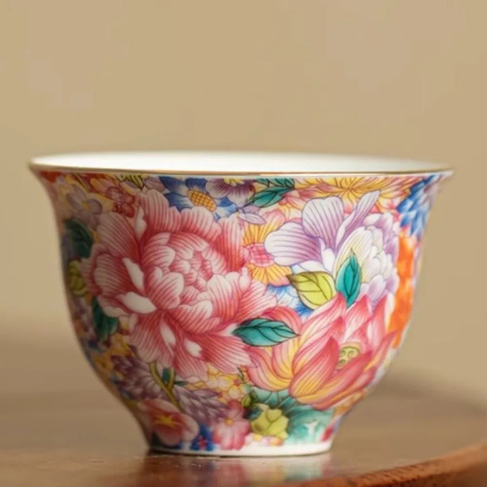 1 шт. керамическая чайная чашка дворца, цветные эмалированные Цветы, чайная чашка ручной работы, чайный набор из галстука, Гуаньинь, искусственная кожа, 60 мл