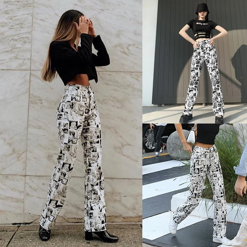 

Streetwear Harajuku Fashion Pants Women Comic Printed High Waist Straight Trousers Street Casual Pants