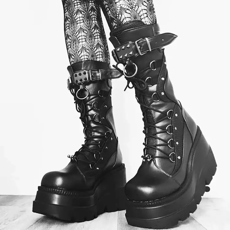 

Женские ботинки на платформе Goth, обувь для ночного клуба в стиле панк, с пряжкой, высокий каблук на танкетке, Современные Сапоги