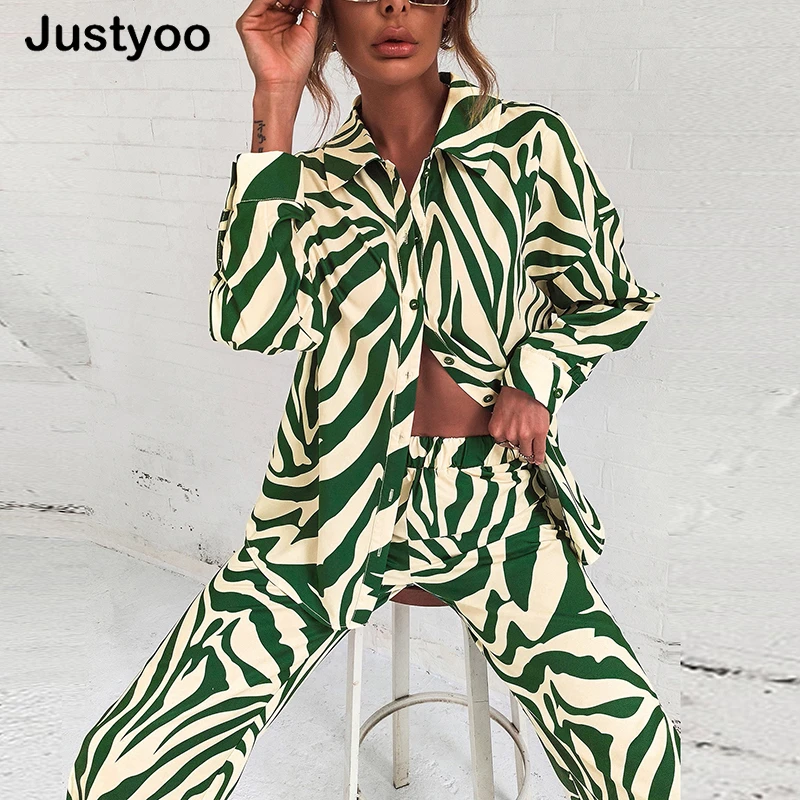 

Loose Stripe Women Shirt Pants Two Piece Set Elegant Long Sleeve Top And Elastic High Waist Trousers Suit Spring Trouser Suits