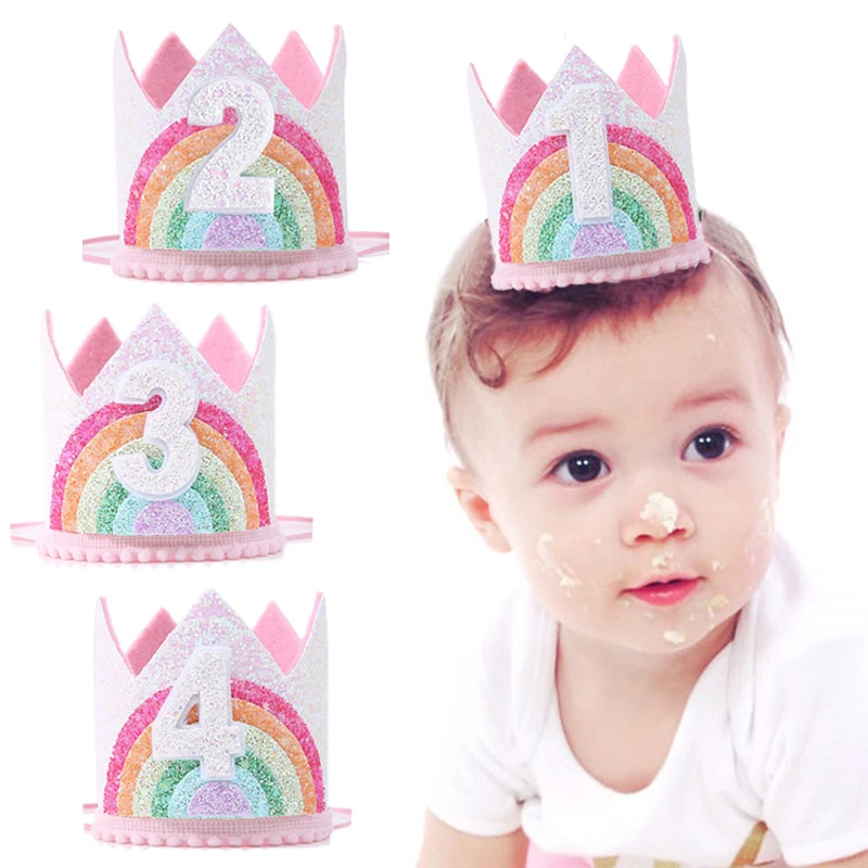 

1pcs Rainbow Birthday Crown 1-6 Years Old Headband Caps Priness 1st Birthday Party Hat Girl Hair Accessory Baby Shower Supplies