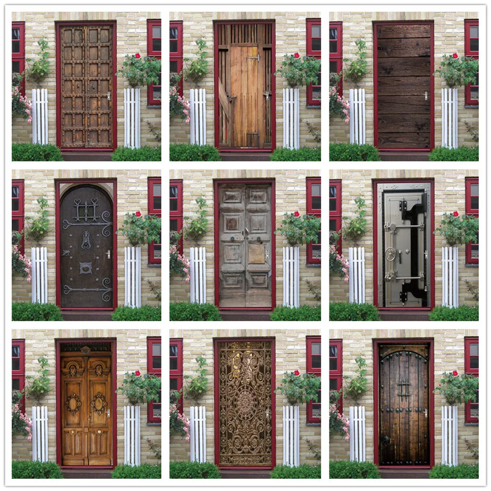 

3D Retro Wood Door Sticker Home Decor Wallpaper Stick DIY PVC Wall Decal deursticker Sliding Glass Door Decoration