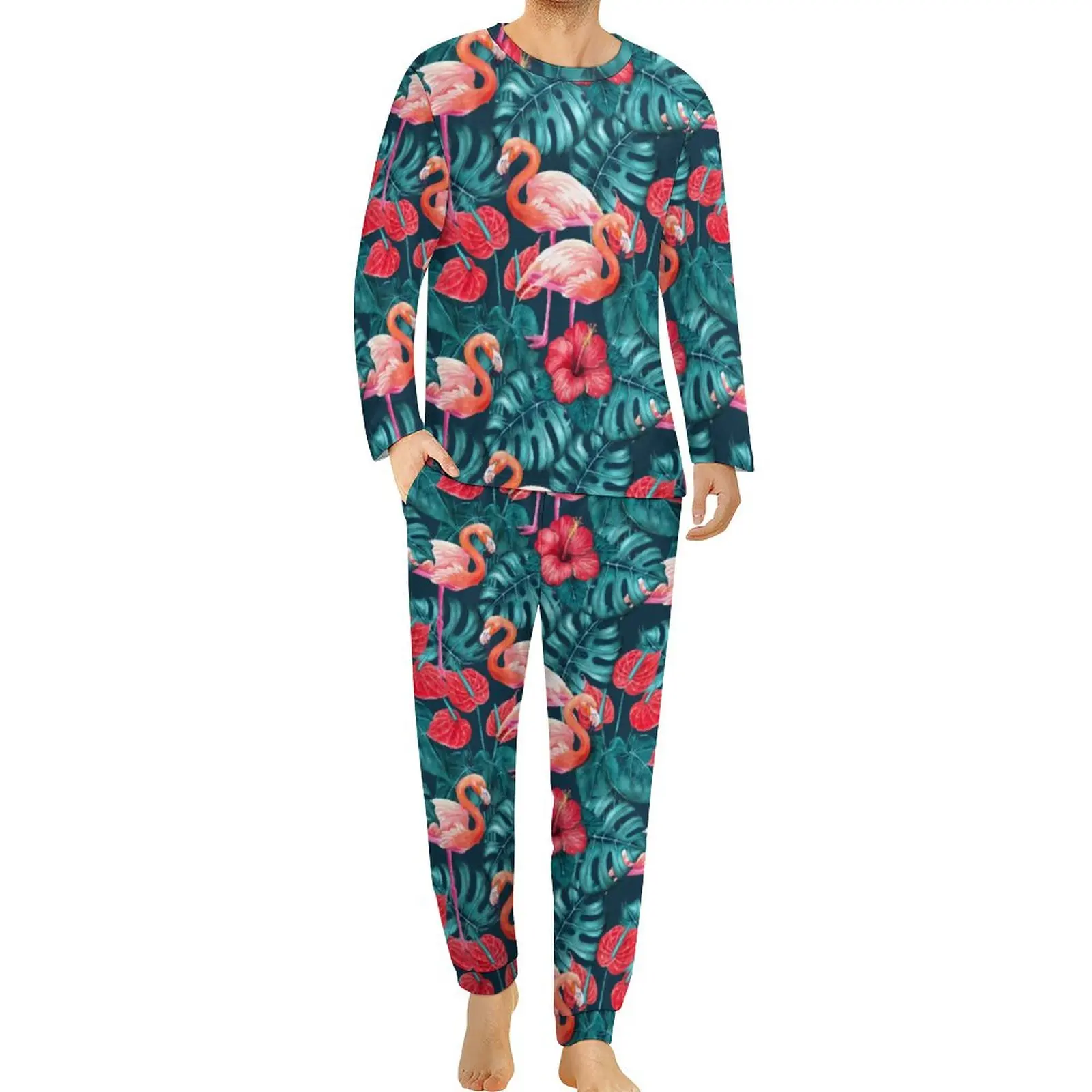 

Повседневный пижамный комплект из 2 предметов с длинными рукавами в виде фламинго, тропический сад, Весенняя Мужская Ретро одежда для сна бо...