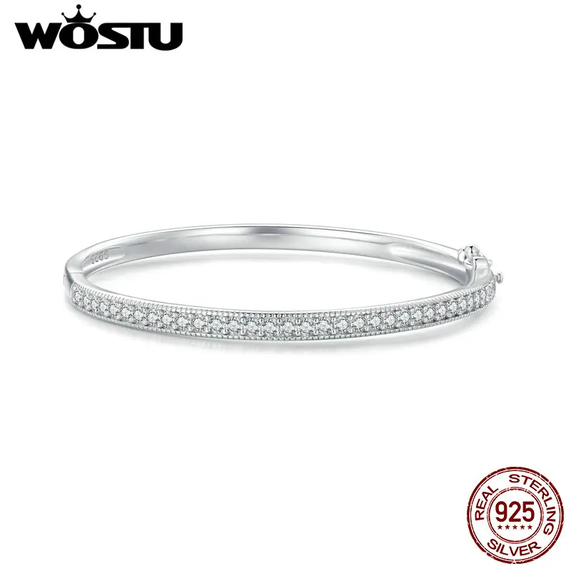 

WOSTU Luxury Wedding 925 Sterling Silver Full Zircon Bangle Bracelets For Women Bling Shiny Wrist Links Engagement Party Gift