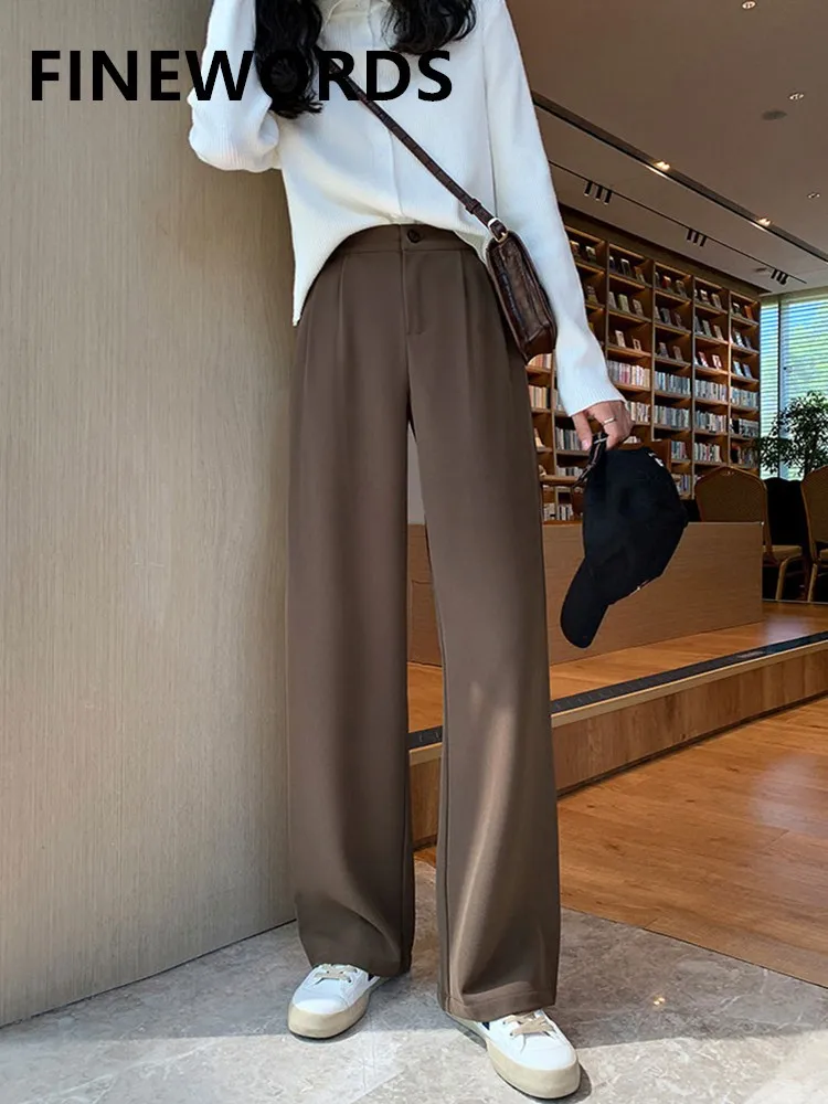 

2022 прямые брюки с высокой талией FINEWORDS, широкие Свободные повседневные длинные коричневые брюки, винтажные корейские уличные брюки