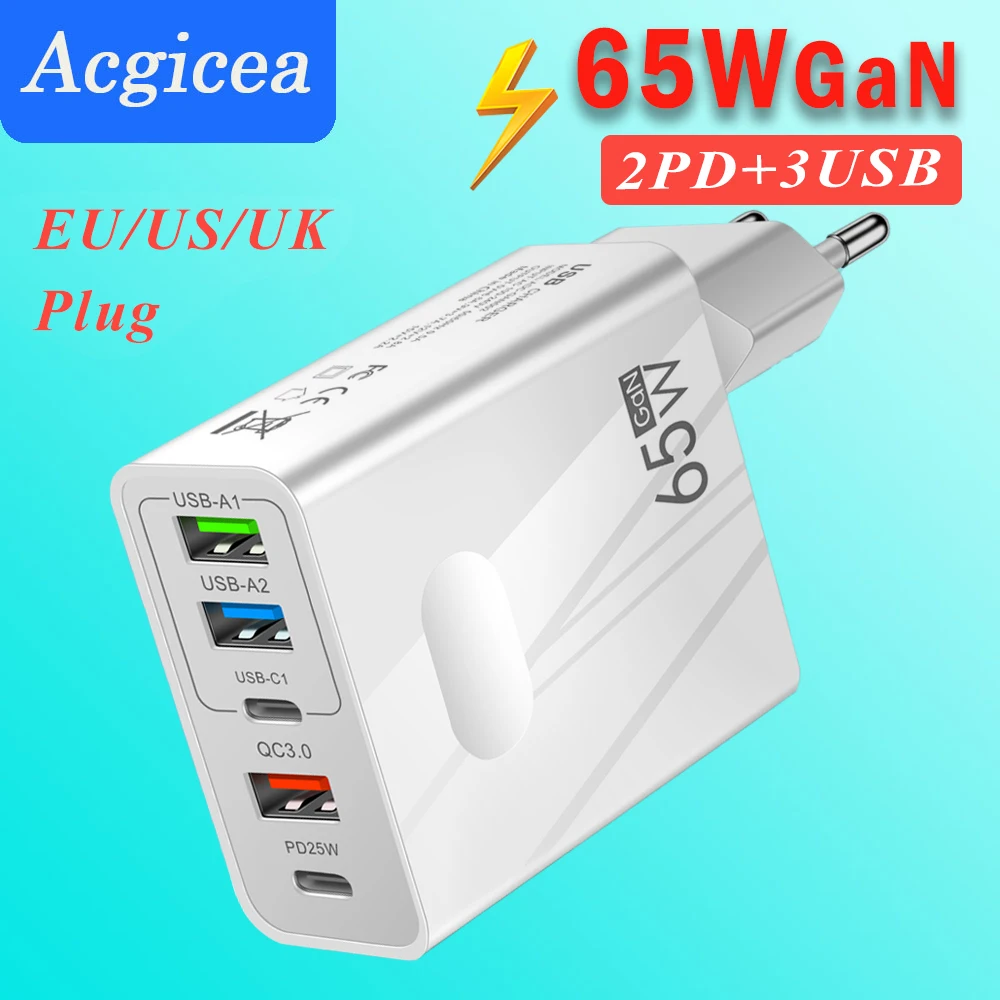 

65W GaN USB Charger PD Muti Plugs Fast Charging GaN Charger Mobile Phone Quick Charging Type C Wall Charger for IPhone Samsung