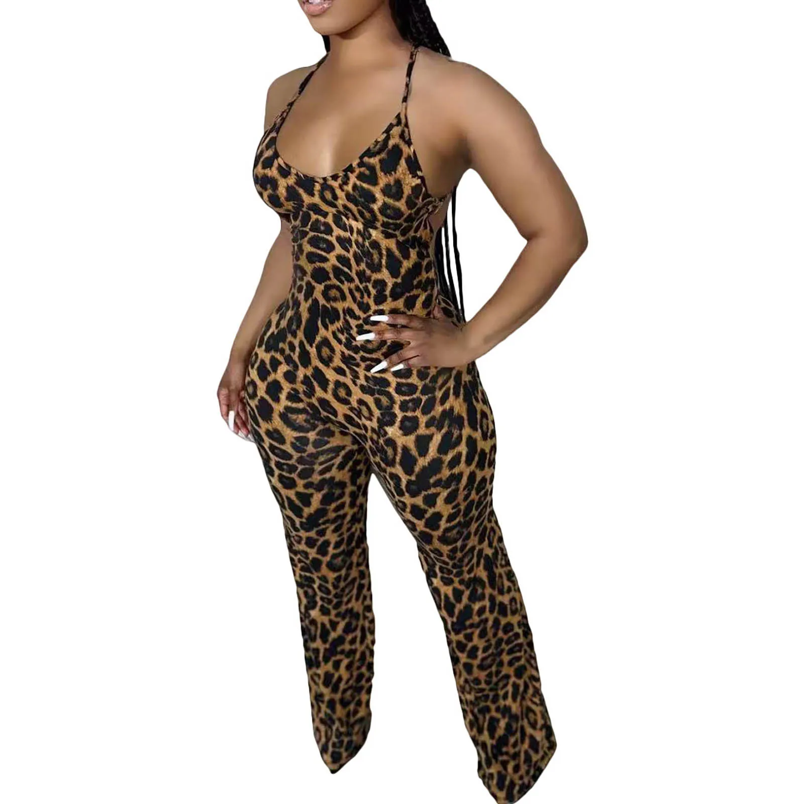 

2023 Spring And Summer New Leopard Print Women's Suspender Jumpsuit (with Headscarf)