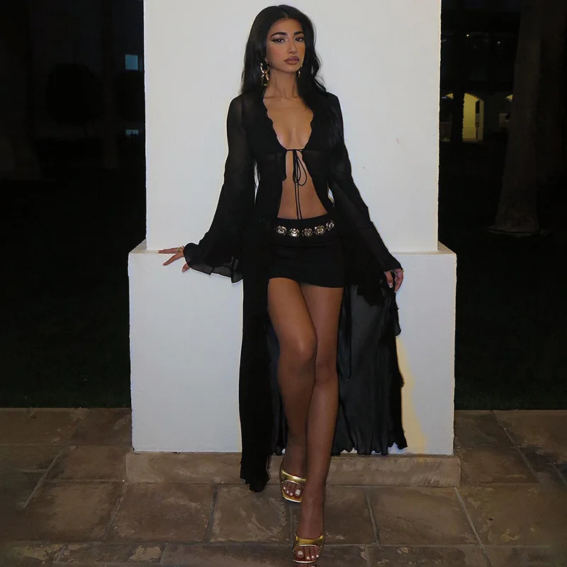 Женское черное пляжное платье из прозрачной сетки женский сексуальный кардиган