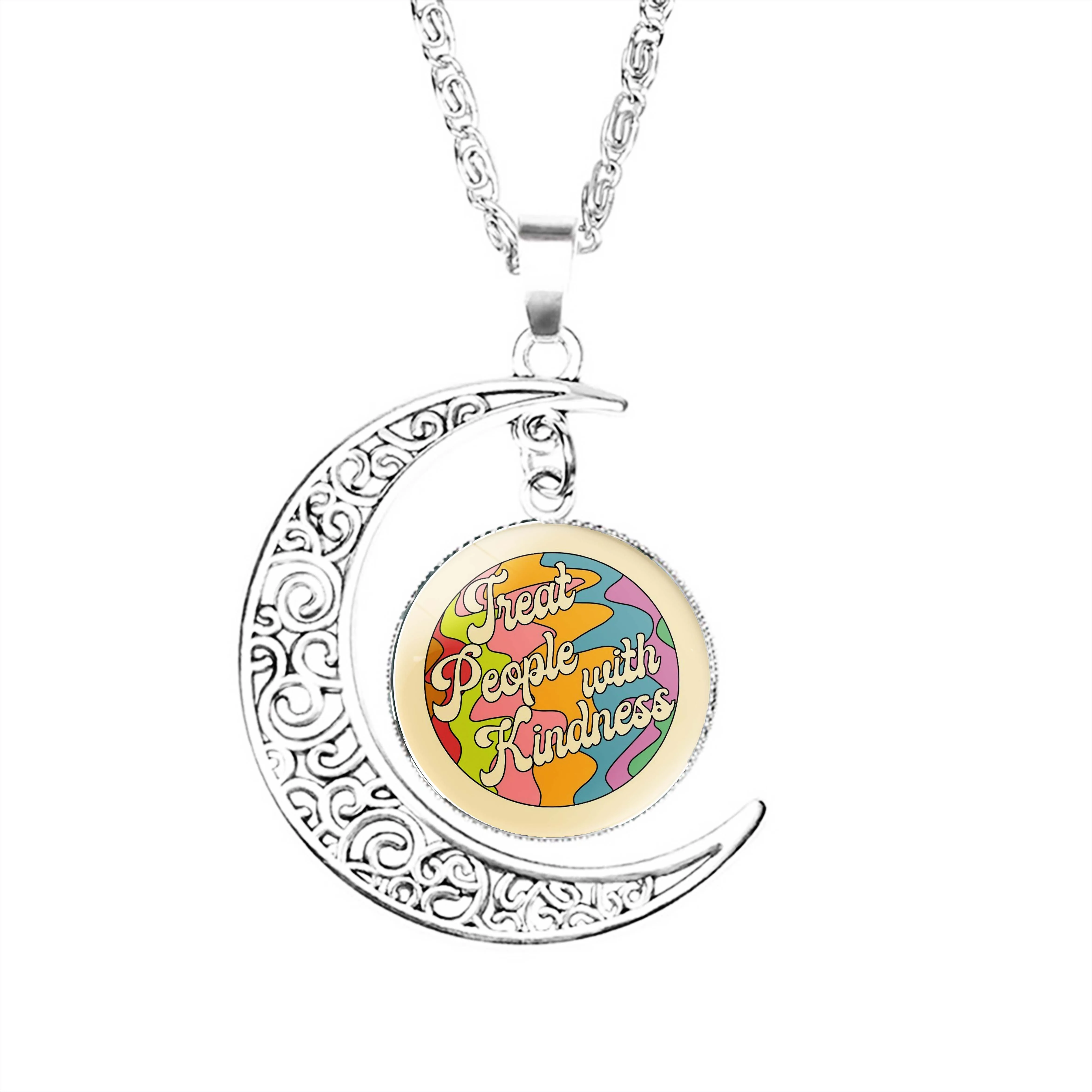 

Groovy Treat Em With Kindness Design Moon Necklace Stainless Steel Pendant Crescent Lady Charm Dome Glass Fashion